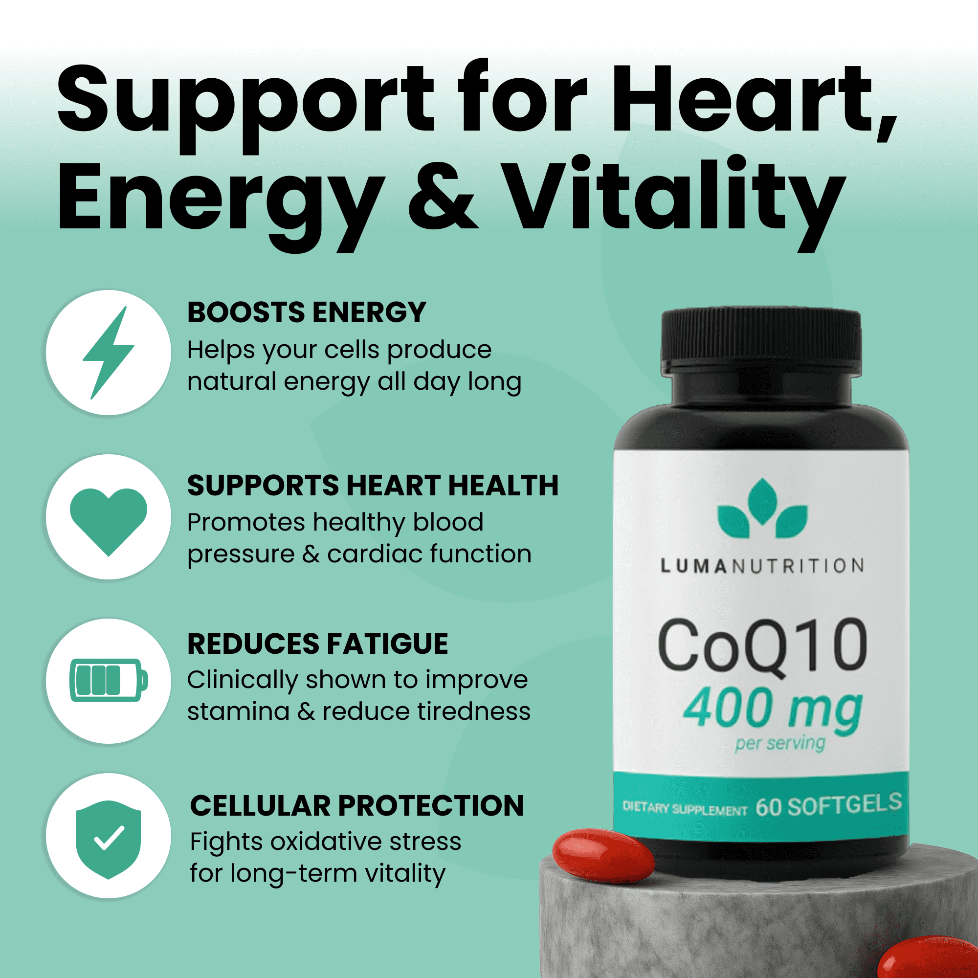 Luma Nutrition CoQ10 400mg Softgels - Premium Coenzyme Q10 - Co Q-10 200mg Softgel / 400mg Per Serving - 60 Liquid Softgels