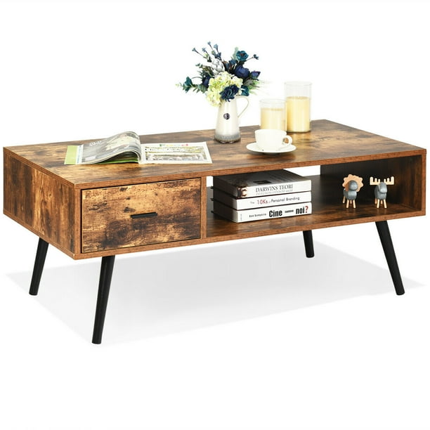 Costway Mesa baja, mesita moderna mid-century con 1 cajón y repisa, para salón y recepción, fácil de montar, marrón rústico