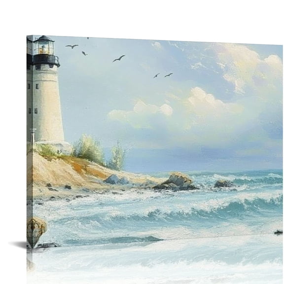 FCXZI Blue Ocean Coastal Lighthouse Canvas Wall Art Large Beach Seascape Picture, Nature Landscape Textured Painting Artwork for Living Room Bedroom Bathroom Kitchen Office Home Decor 16x12in
