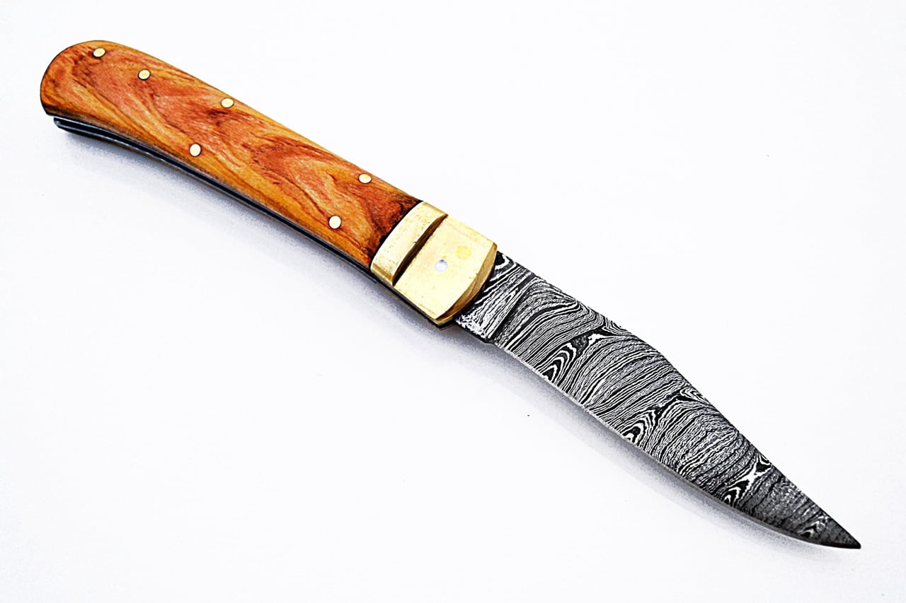 Olive Wood Handle Damascus Lever Lock Knife