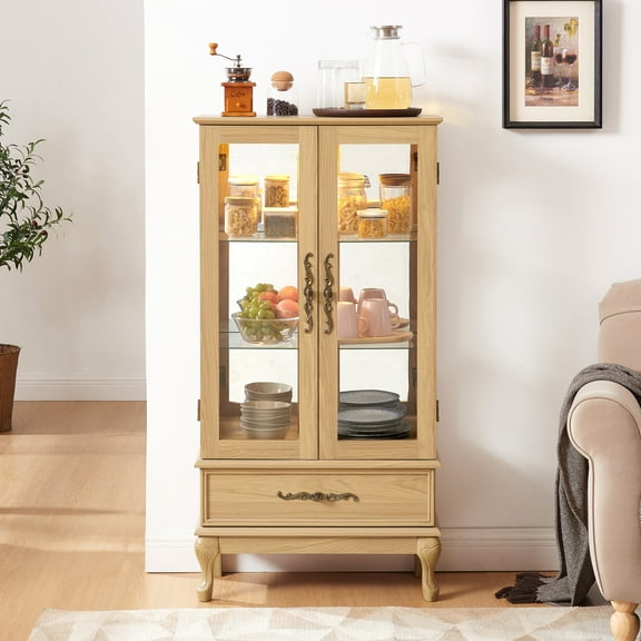 Sophisticated Curio Display Cabinet With Adjustable Shelves & Bulb Included Hidden Drawer In Oak
