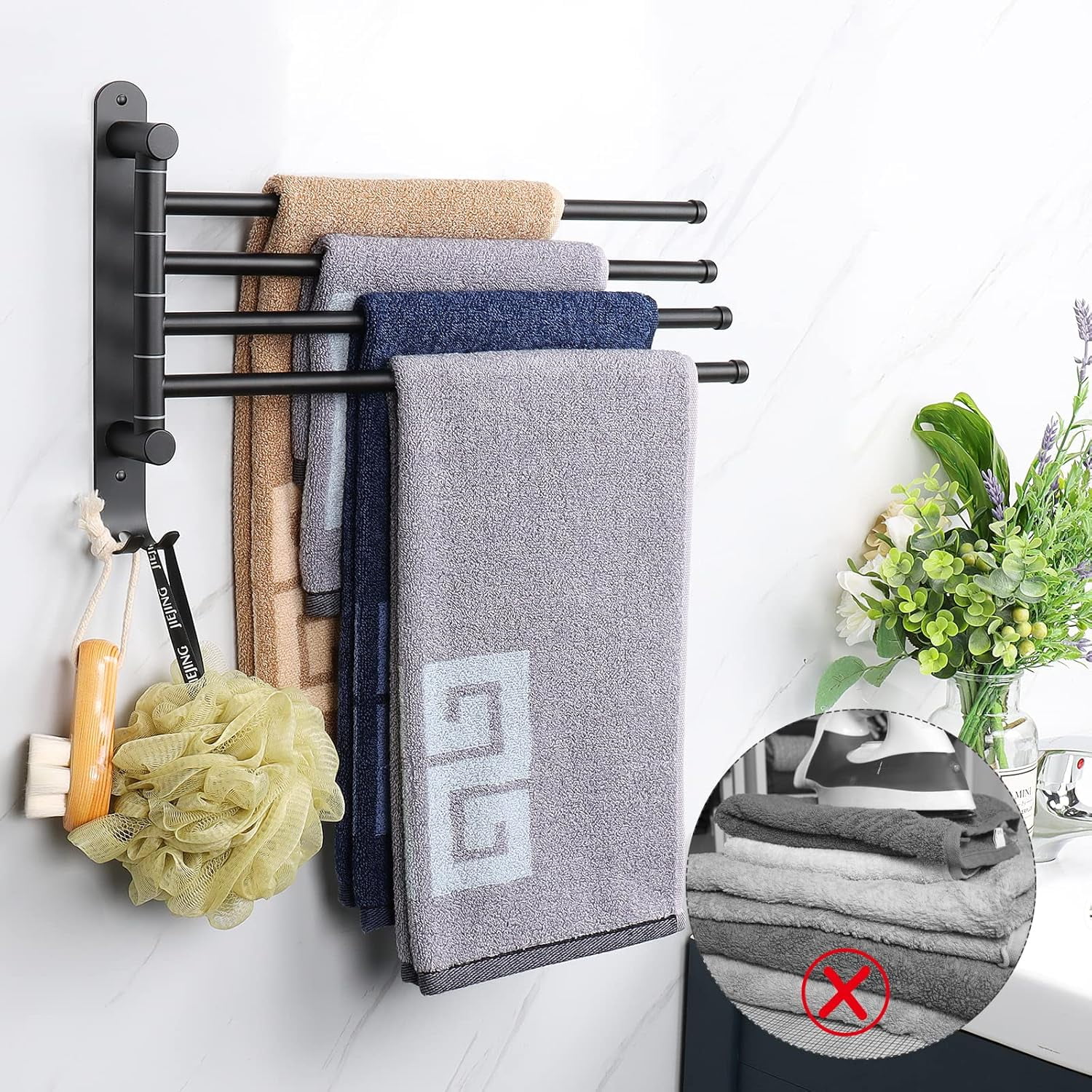 Genreen Swivel Towel Rack for Bathroom - 14.7'' Rustproof Towel Holder, Sturdy Towel Bar Wall Mounted, Space-Saving Towel Hanger, Bathroom Accessories, Home Decor, Apparment Essentials,  (Matte Black