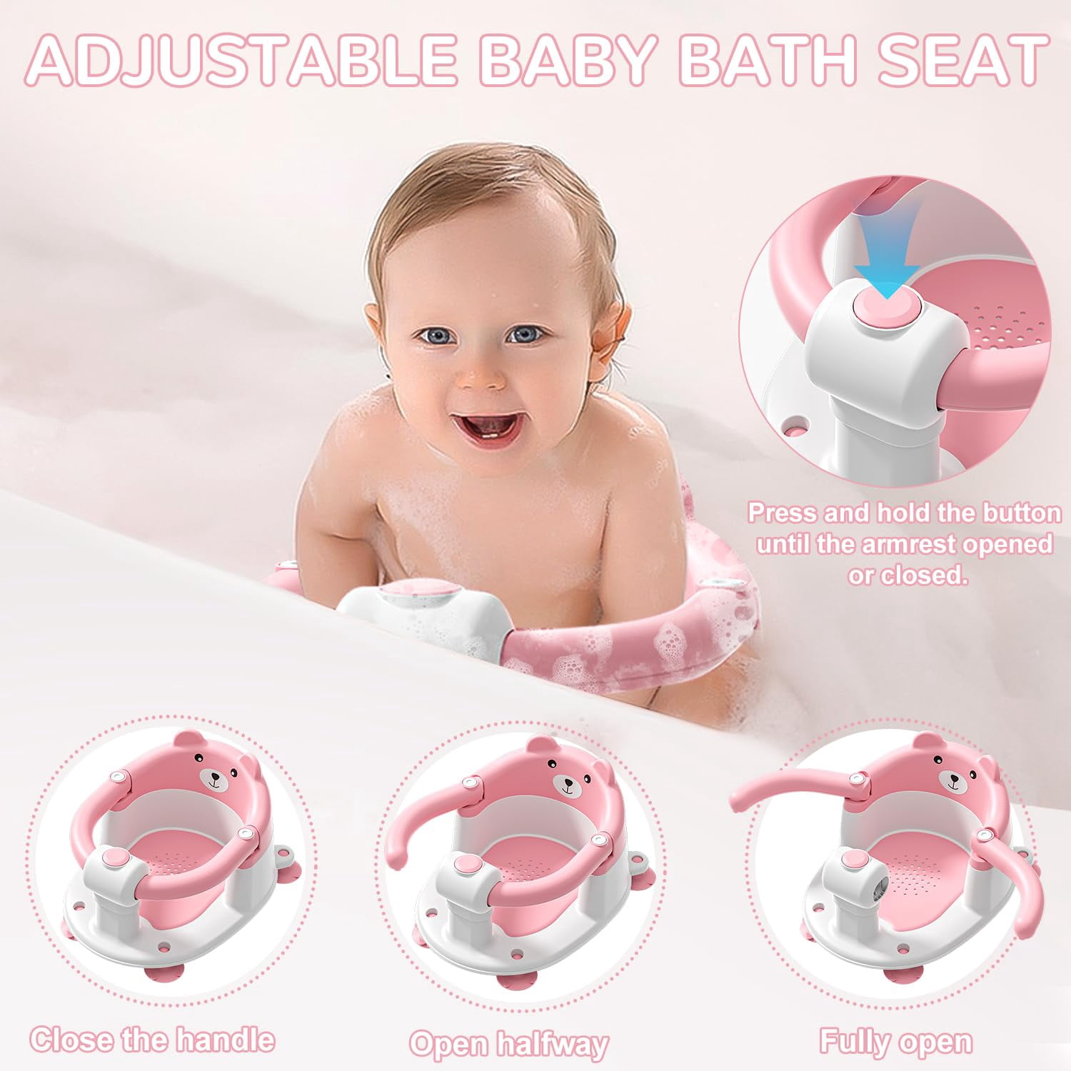 Soluxeo Baby Bath Seat for Babies 6 Months & up, Non-Slip Toddler Bath Seats for Babies Sitting Up with 4 Suction Cups & Soft Cushion for Shower(Pink)