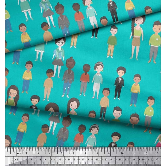 Soimoi Green Poly Georgette Fabric Crowd Theme Human Figure Fabric Prints By Yard 42 Inch Wide