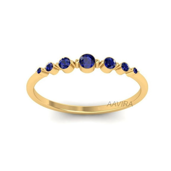Women’s Blue Sapphire Dainty Ring, 14K Yellow Gold Plated Minimalist Band, Elegant Anniversary Gift, Stackable Fine Jewelry
