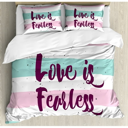 Romantic Queen Size Duvet Cover Set, Love is Fearless Inspirational Inscription on Pastel Color Bands, Decorative 3 Piece Bedding Set with 2 Pillow Shams, Plum Pale Pink Mint Green, by (Best Queen Cover Band)