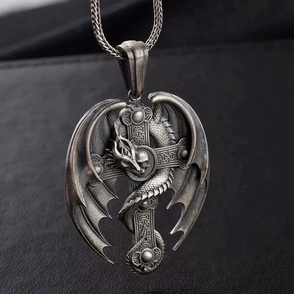 HOOUN Mens Winged Dragon Skull Cross Pendant Necklace Gothic Punk Jewelry Chain 24"