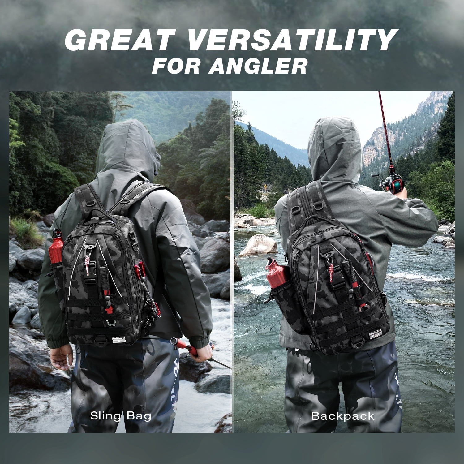 Ghosthorn Fishing Backpack Tackle Sling Bag -Big Fishing Backpack with Rod Holder - Tackle Box Fly Fishing Gifts for Men Women