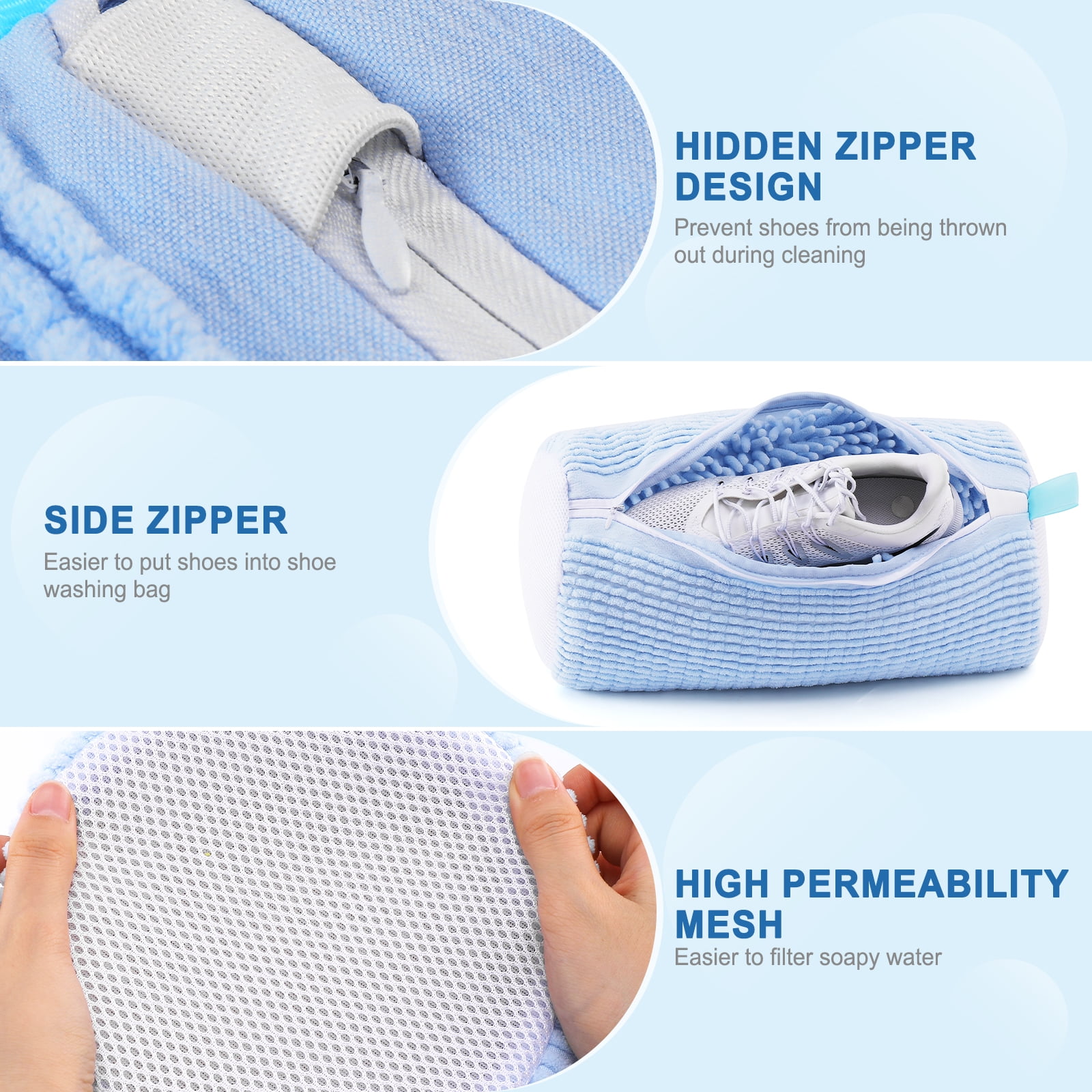 Avoalre Shoe Washing Bag for Washing Machine, Shoe Laundry Bags with Invisible Side Zipper, 360°All Around Cleaning, Upgraded Size for All Shoe Types & Sizes Blue