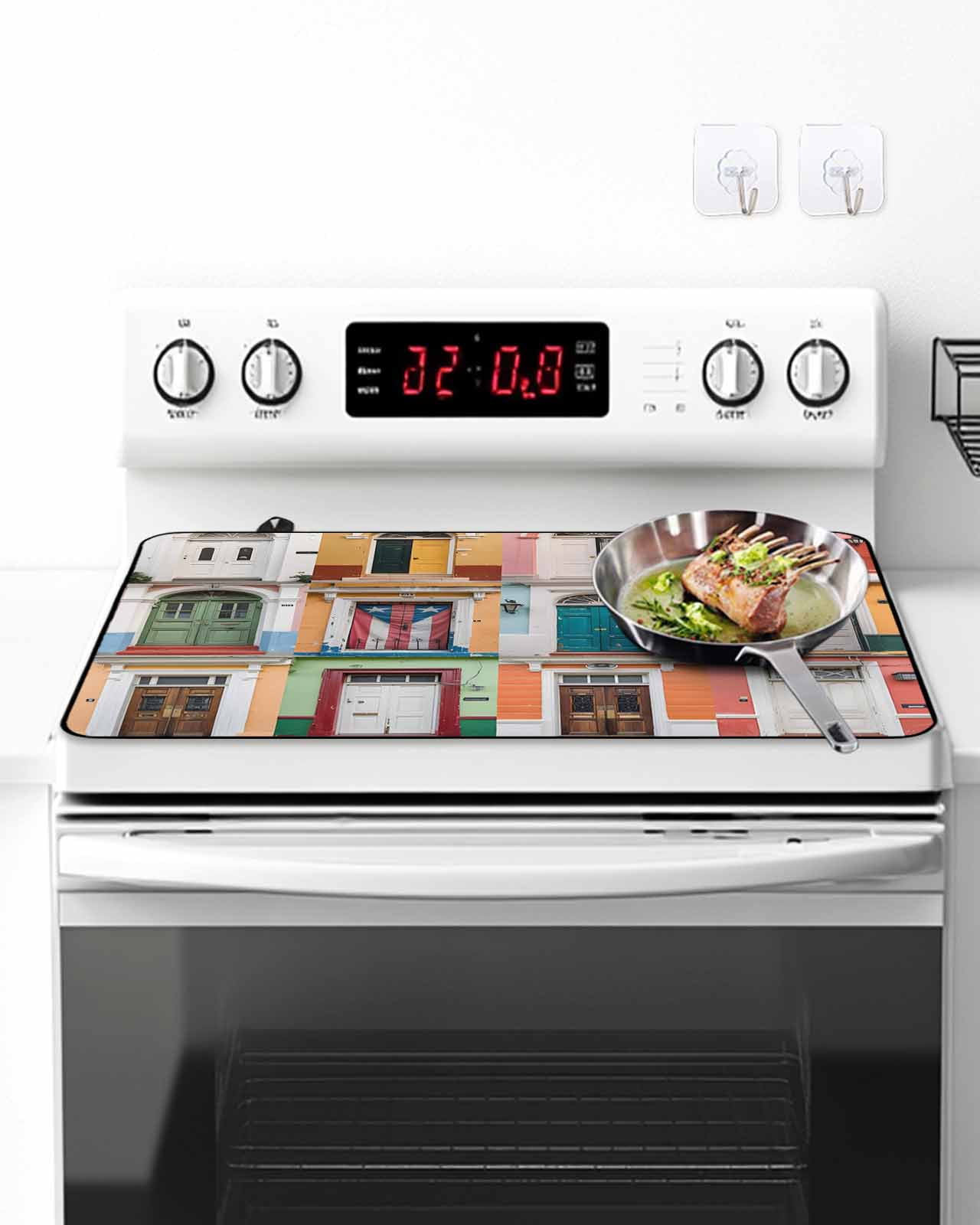 Stove Top Covers for Electric Stove, Puerto Rico Glass Stovetop Cover Protector, Vintage Boho Style Door Gates Induction Cooktop Protector Oven Mat for Kitchen Countertop 24"x21"