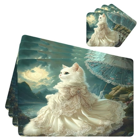 

Wobogo Princess White Cat Placemats Coasters Set of 4 Heat-resistant Non-slip Easy to Clean Square Dinner Plate Mat
