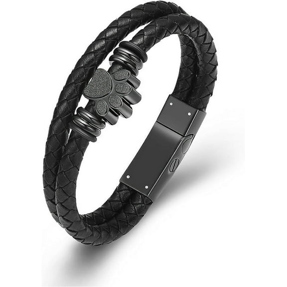 Pet Paw Print Cremation Urn Bracelet for Ashes Stainless Steel Urn Memorial Jewelry Double Layer Braided Leather Wristband Bangle Dog Cat Keepsake Gift for Men Women