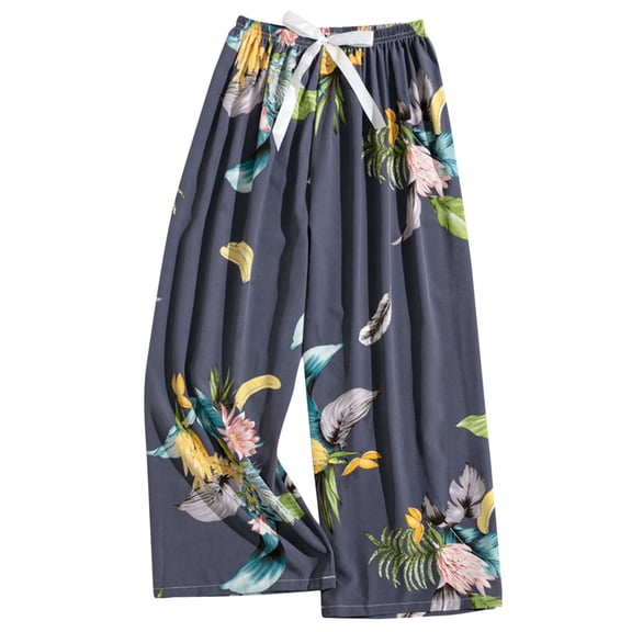 WMTBSRSW Women's Boho Capris Pants Comfy Floral Print Elastic Waisted Cropped Palazzo Pants Lightweight Loose Casual Flowy Trousers Free Size Blue4 Free Size