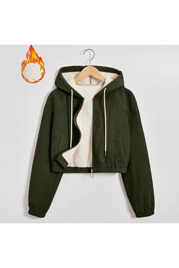 Women's Corduroy Jacket Sherpa Lined Hooded Coat Warm Zip Up Fleece Outerwear, Green