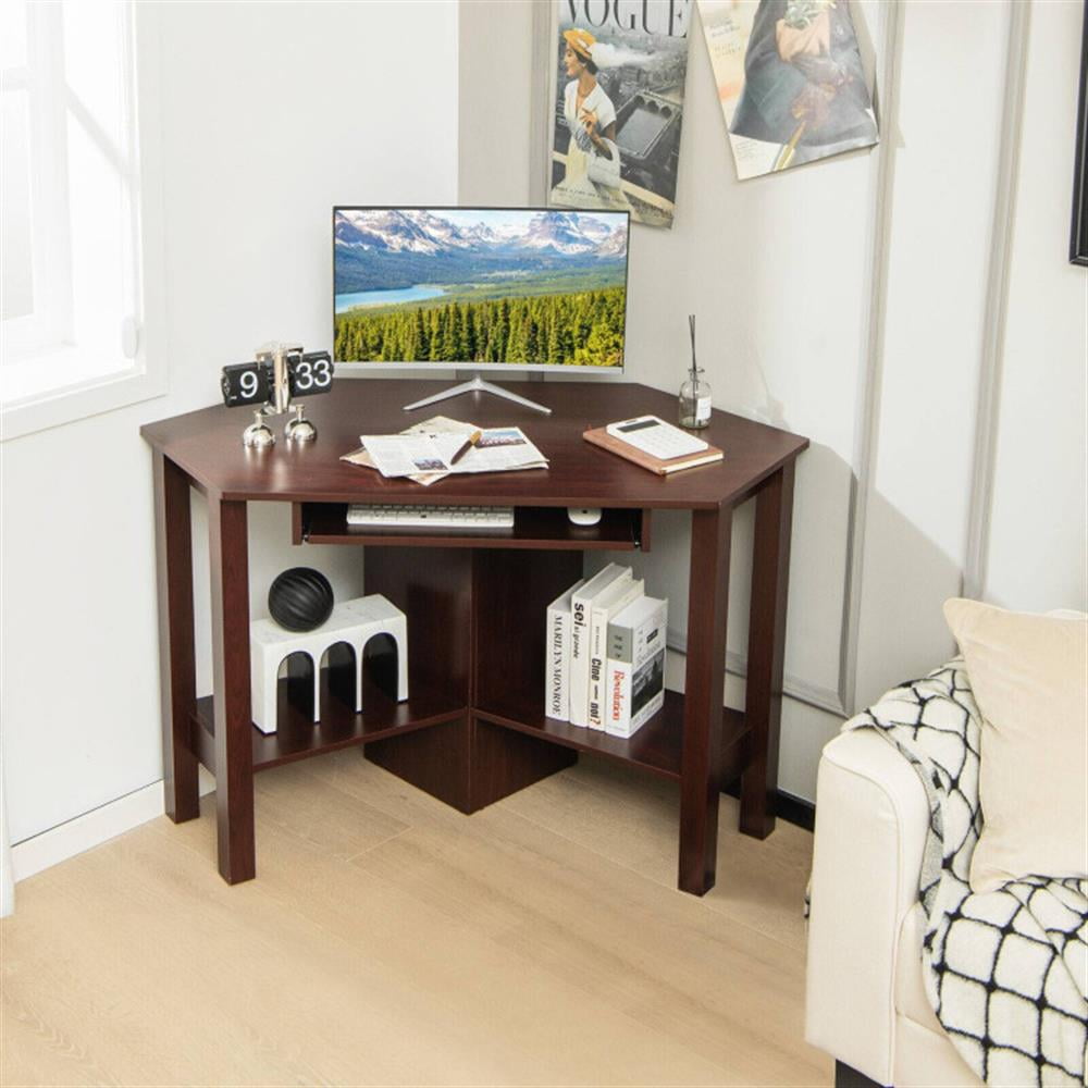 Demi Bonn Wooden Computer Corner Desk with Drawer for Home Office Sturdy Writing Workstation, Brown