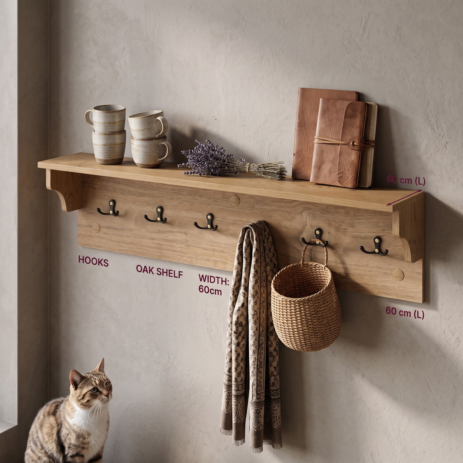 Furnibear Wall Mounted 31.5 inch Wooden Coat and Hat Rack with Top Shelf and 6 Hooks for Hats Towels Purses and Robes, Natural