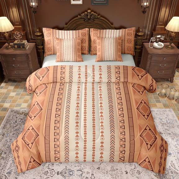 Feelyou Vintage Orange Aztec Twin Bedding Sets 7-Piece, Mid Century Fashion Bedding Comforter Set, Teens Adult Women Men Reversible Sheet Sets, Ultra Soft Bedroom Decor