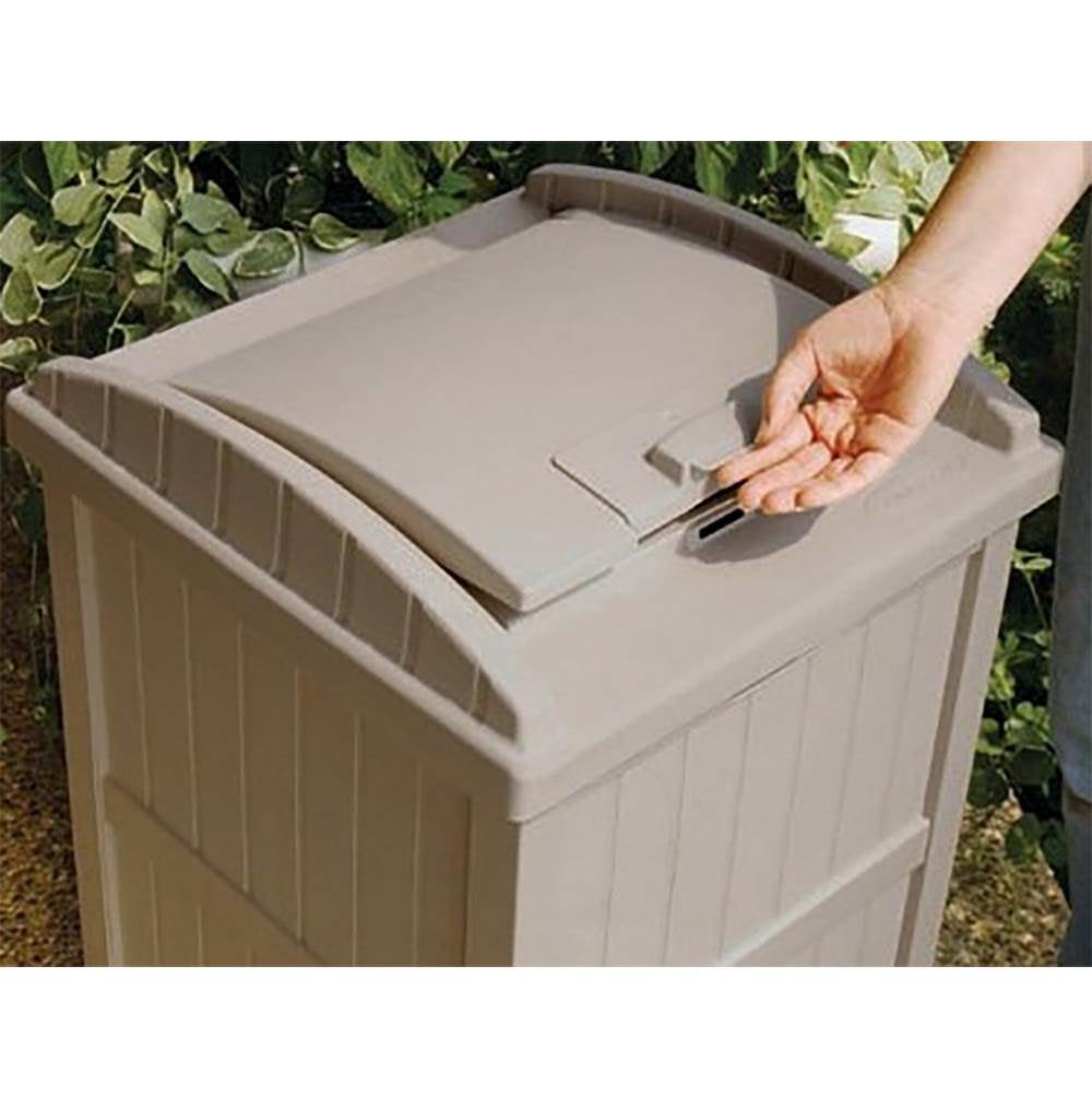 Suncast Trash Can Outdoor Hideaway Container Patio Deck 33 Gallon Resin Taupe 