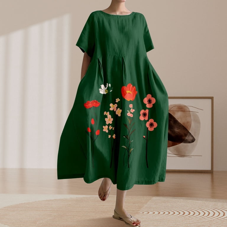 Ruyang Vintage Japanese Art Dress for Women 2024 Boho Floral Print Oversized Crewneck Linen Casua Summer Dresses Women's, Size: One size, Bronze Ruyang Vintage Japanese Art Dress for Women 2024 Boho Floral Print Oversized Crewneck Linen Casua Summer Dresses Women's, Size: One size, Bronze