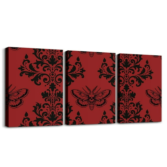 Erosebridal Black Death Moth Canvas Wall Art Living Room, Boho Damask Floral Baroque Flower Framed Wall Art Set of 3, Red