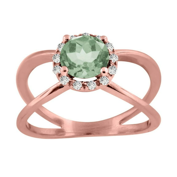 AoneJewelry 0.85 Carat 6MM Round Green Amethyst and Diamond Ring In 10K Solid Rose, White & Yellow Gold