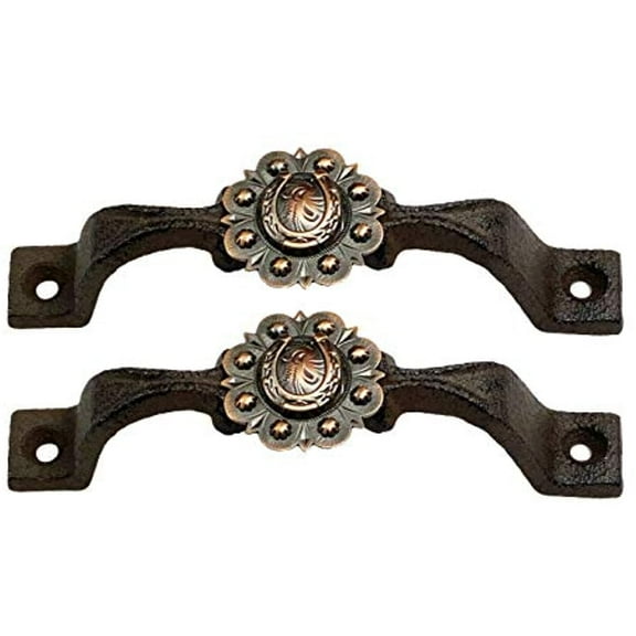Urbalabs Cast Iron Kitchen Cabinet Handles and Drawer Pulls Western Concho Cross Horseshoe and Star Country Home Rustic Decor Farmhouse Cabinet Handle Cabinet Knobs (2, Copper Horseshoe)