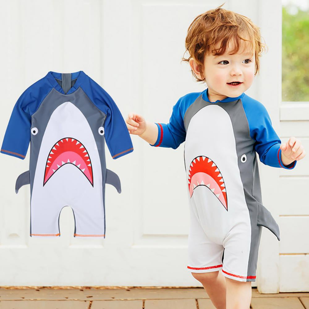 2-7T Children Swimwear Kids Long Sleeve Cartoon Shark Hooded Beach One Piece Swimsuit