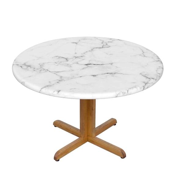 White Marble Round Fitted Tablecloth with Elastic Edged, Waterproof Stretch Washable Table Cover for Outdoor Indoor Patio Kitchen - Fits Tables 45" to 50" Diameter
