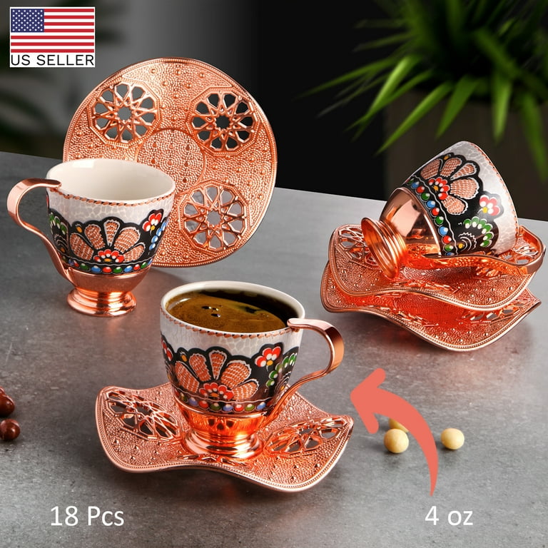 Turkish Coffee Cup Set of 6 with Handmade Wavy Design Saucers and Cup  Holders, 18 Pcs Elegant Rosegold Espresso Mugs for Authentic Turkish,  Greek and Arabic Coffee Experience