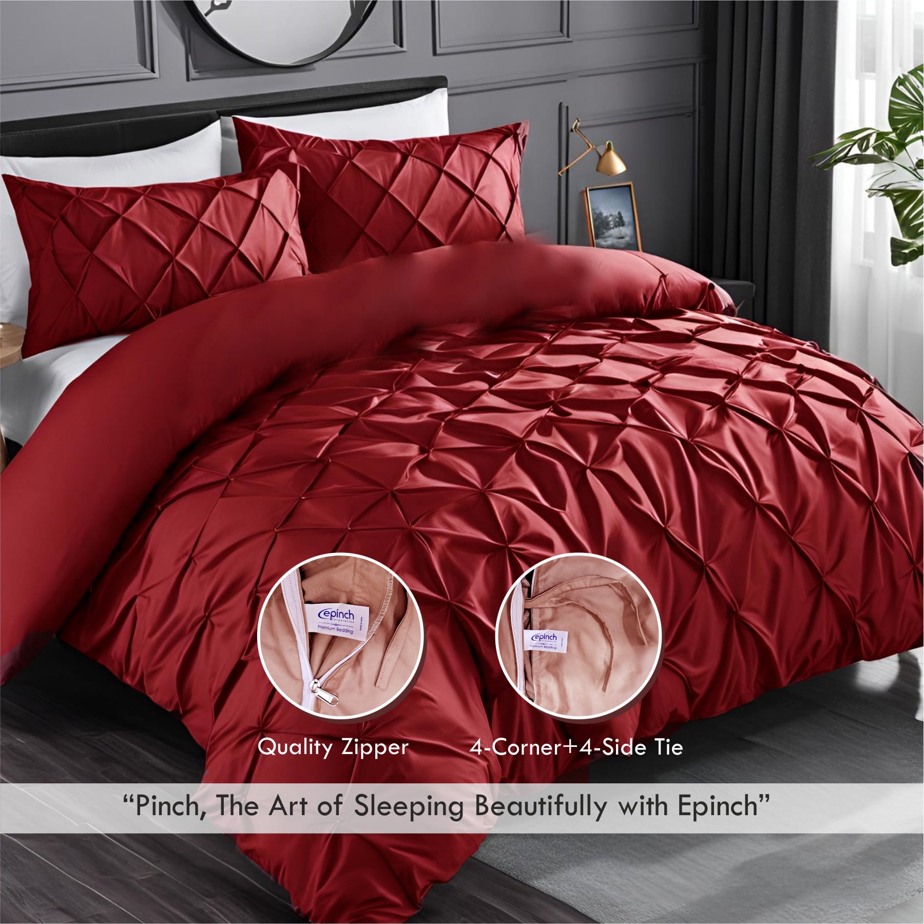 Pinch Pleated Duvet Cover Set 1200TC 100% Cotton Luxurious Home 3-Piece 1-Pinch Duvet Cover 2-Pinch Pillowcase Zipper Tie Closure Pack of 1