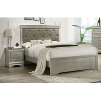 3Pc Silver Finish Full Size Panel Upholstered Button Tufted Headboard Bed Nightstand Set Wooden Bedroom Furniture
