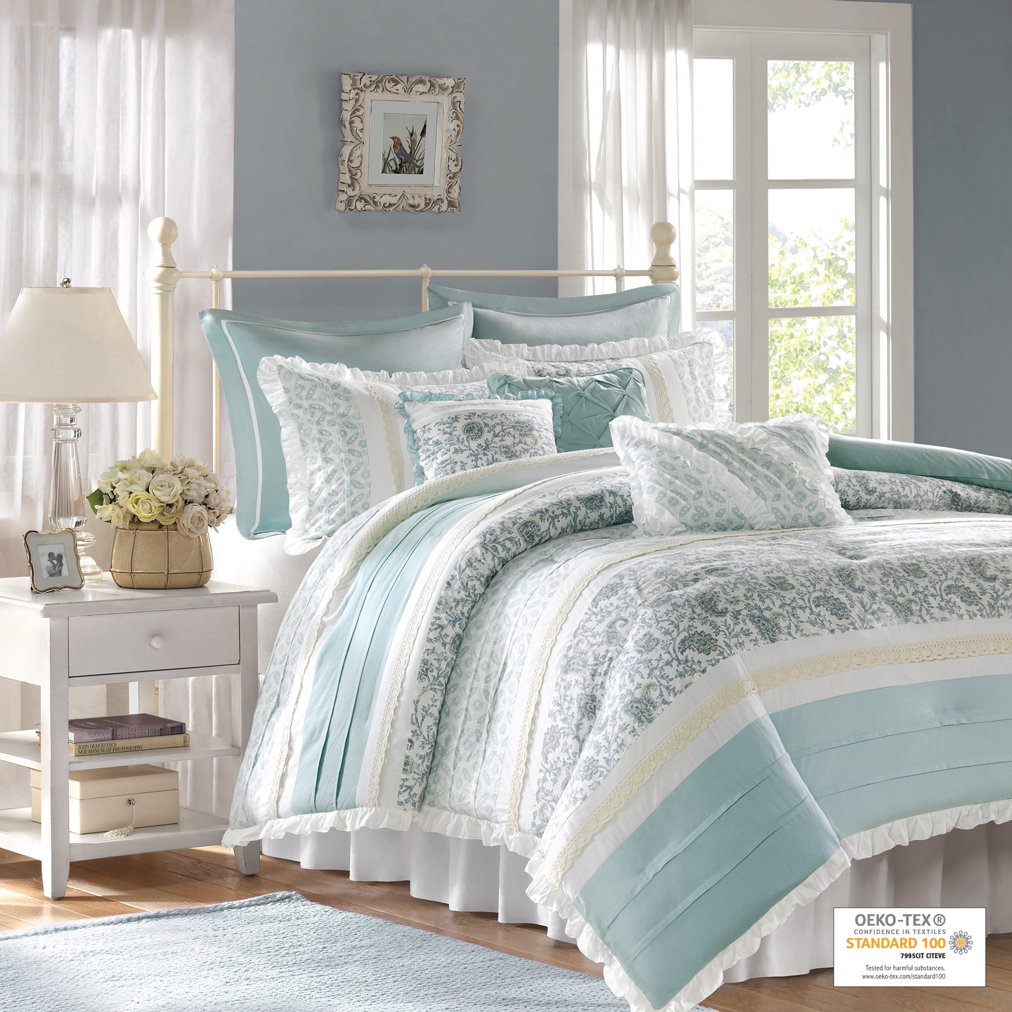 Beautiful Aqua Watercolor Stripe 9 pcs Comforter Cotton Sheet Cal King Queen Set