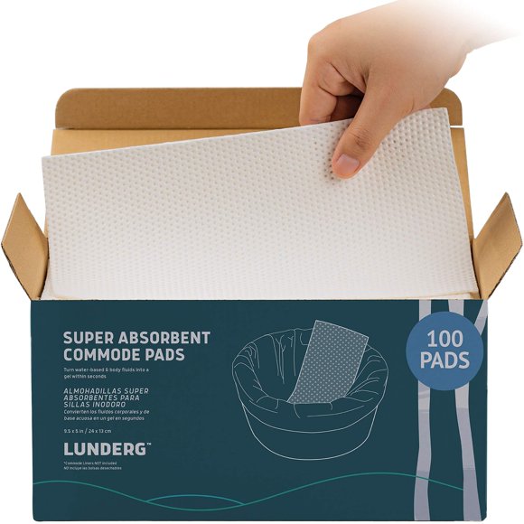 Lunderg Super Absorbent Commode Pads - Medical Grade Value Pack 100 Count - for Bedside Commode Liners Disposable, Adult Commode Chair, Portable Toilet Bags or Camping - Make Life so Much Easier