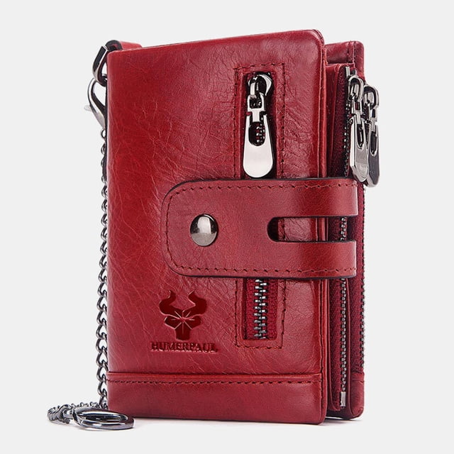 Ciaoed Men Genuine Leather RFID Anti-scanning Anti-Theft Zipper Wallet With Chain - Red