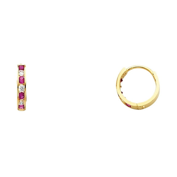 CZ Huggie Hoops Solid 14k Yellow Gold Huggies Earrings Round Red CZ Pave Polished Finish Small 12 mm