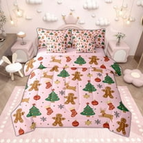 Manfei Cute Gingerbread Xmas Tree Bedding Comforter Set 7-Piece, Christmas Stocking Snowflake King Bedding Sets, New Year Festival Bed Sheets Ultra Soft Home Decor