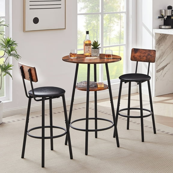 UHOMEPRO 3-Piece Dining Room Bar Table Set for 2, Wood Double Layer Round Bar Table and Chairs Set, Industrial Counter Height Pub Table with 2 Upholstered Stools, Metal Frame, Rustic Brown and Black