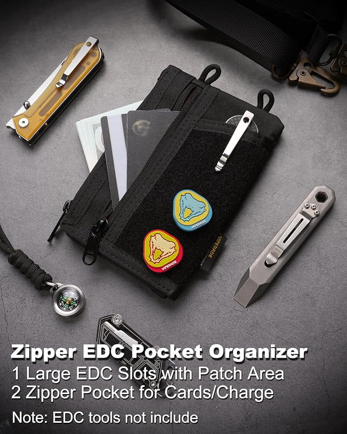 VIPERADE VE38 EDC Pocket Organizer, Slim EDC Wallet with 2 Zipper Pockets, EDC Pouch - 3 EDC Slots with 1 Larger Pocket for Flashlight, Multitool, Pen, Notebook