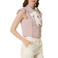 thumbnail image 4 of INSPIRE CHIC Women's Ruffles Cap Sleeve Tops Tie Neck Button Up Peter Pan Collar Blouse Shirts L Pink, 4 of 6