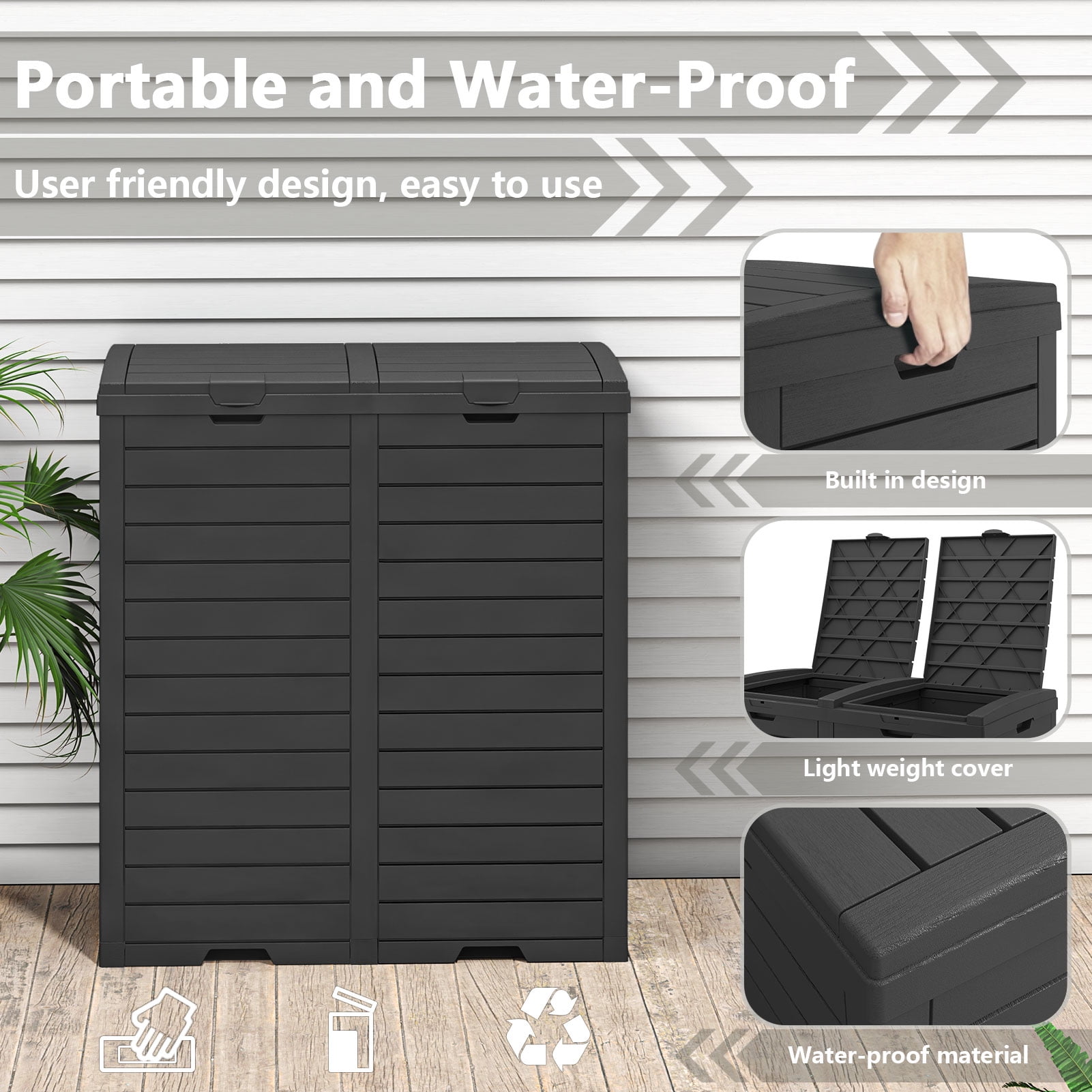 LHBcraft 62 Gallon Outdoor Trash Can, Waterproof Garbage Can with Tiered Lid and Drip Tray, Resin Outside Trash Bin for Patio, Backyard, Deck