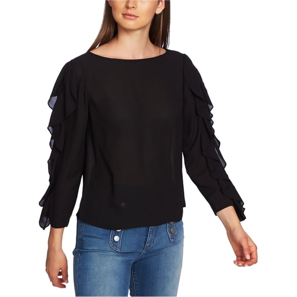 1.STATE Blouse à Manches à Volants Épaules Dénudées pour Femmes, Noir, Petit