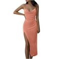 thumbnail image 2 of Summer Saving Wycnly Womens Dresses Sexy High Slit Spaghetti Strap Ruched Bodycon Night Party Club Dresses Fashion Solid V-Neck Sleeveless Long Summer Dress Pink s, 2 of 6
