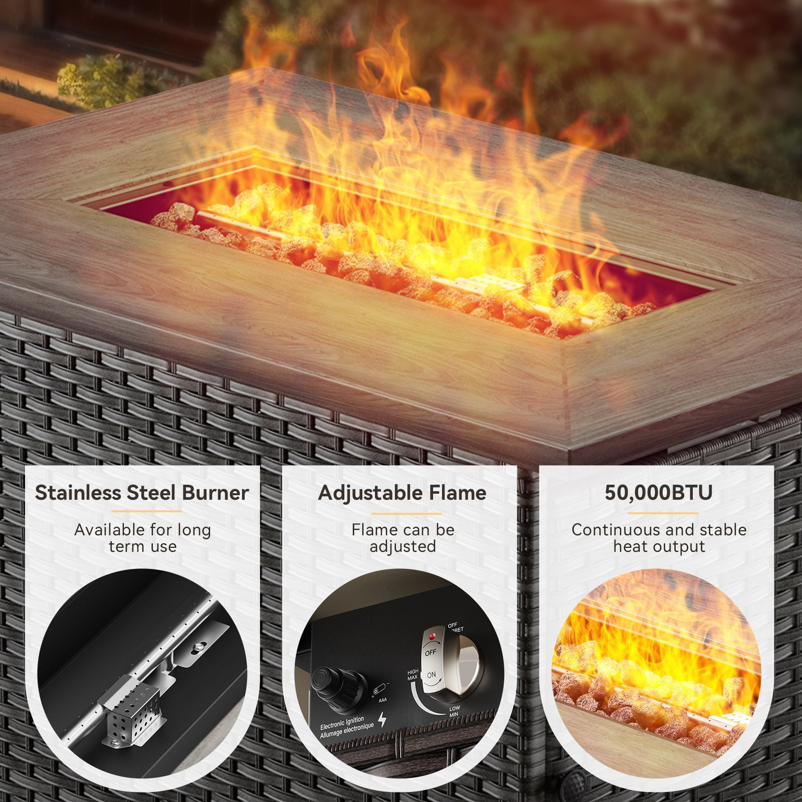 OPOHORO 41" Rectangular Propane Fire Pit 50,000 BTU Outdoor PE Wicker Fire Pit Table with Lid, Gray