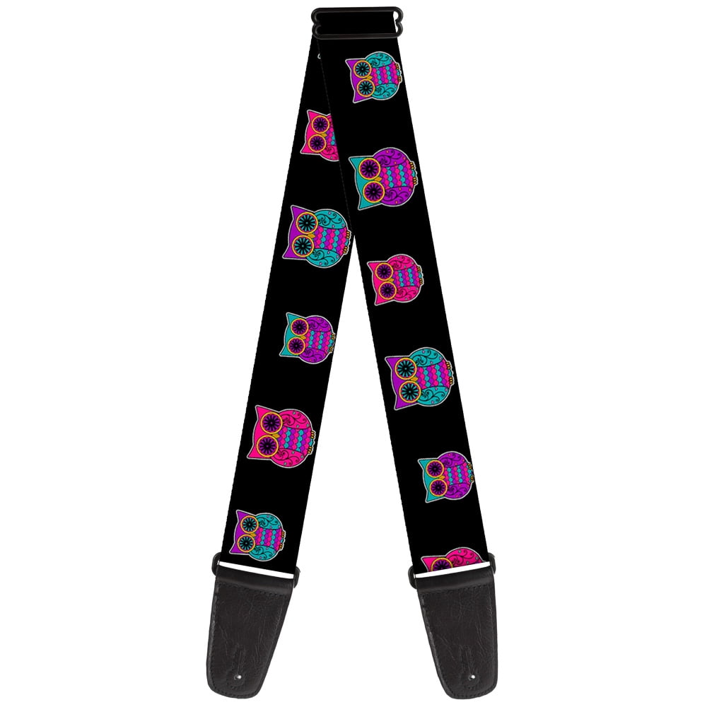 Buckle-Down Guitar Strap, Owls Black Fuchsia Purple Turquoise, 2 Inches Wide