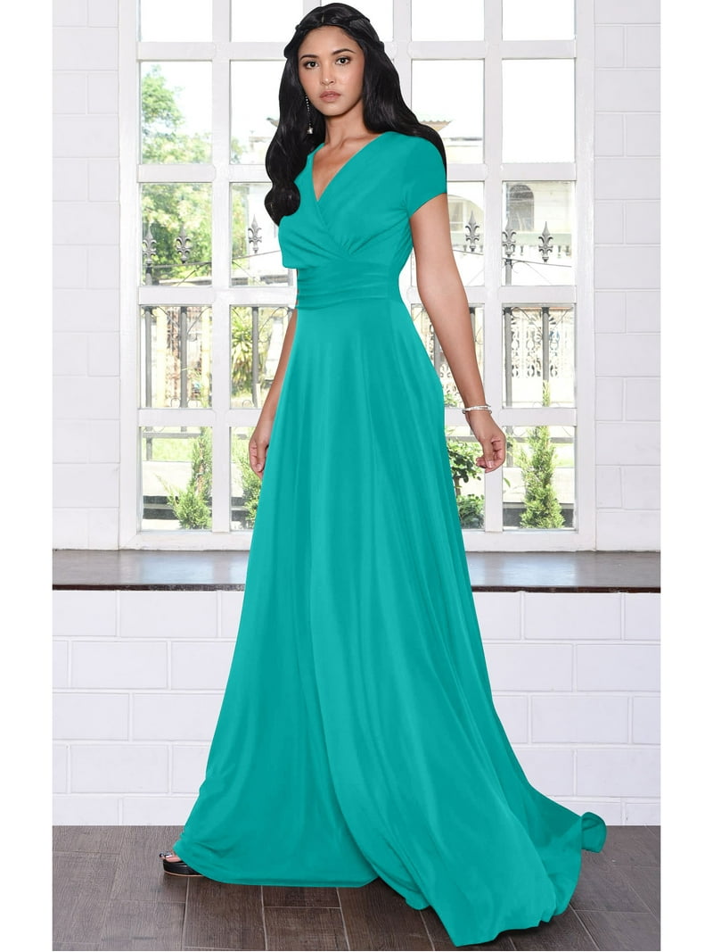 KOH KOH Long V-Neck Flowy Cap Short Sleeve V-Neck Bridesmaid Wedding Guest  Party Formal Summer Sundress Tall Gown Maxi Dress Dresses For Women  Turquoise Large US 12-14 NT074 - Walmart.com