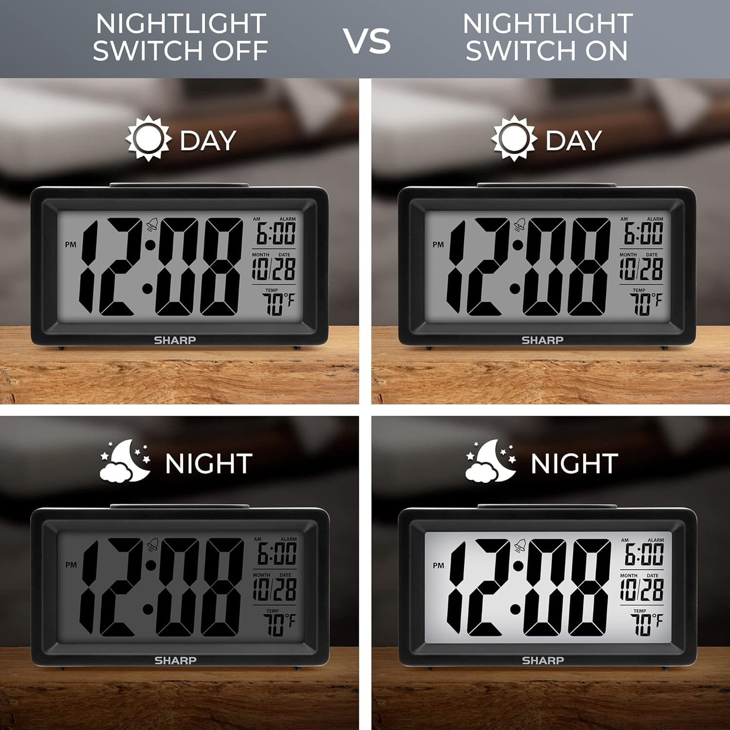 with Indoor Temperature, Nightlight, Calendar, Battery Operated Digital Small Clock for Bedrooms or Travel, Black (SPC5025AMZ)