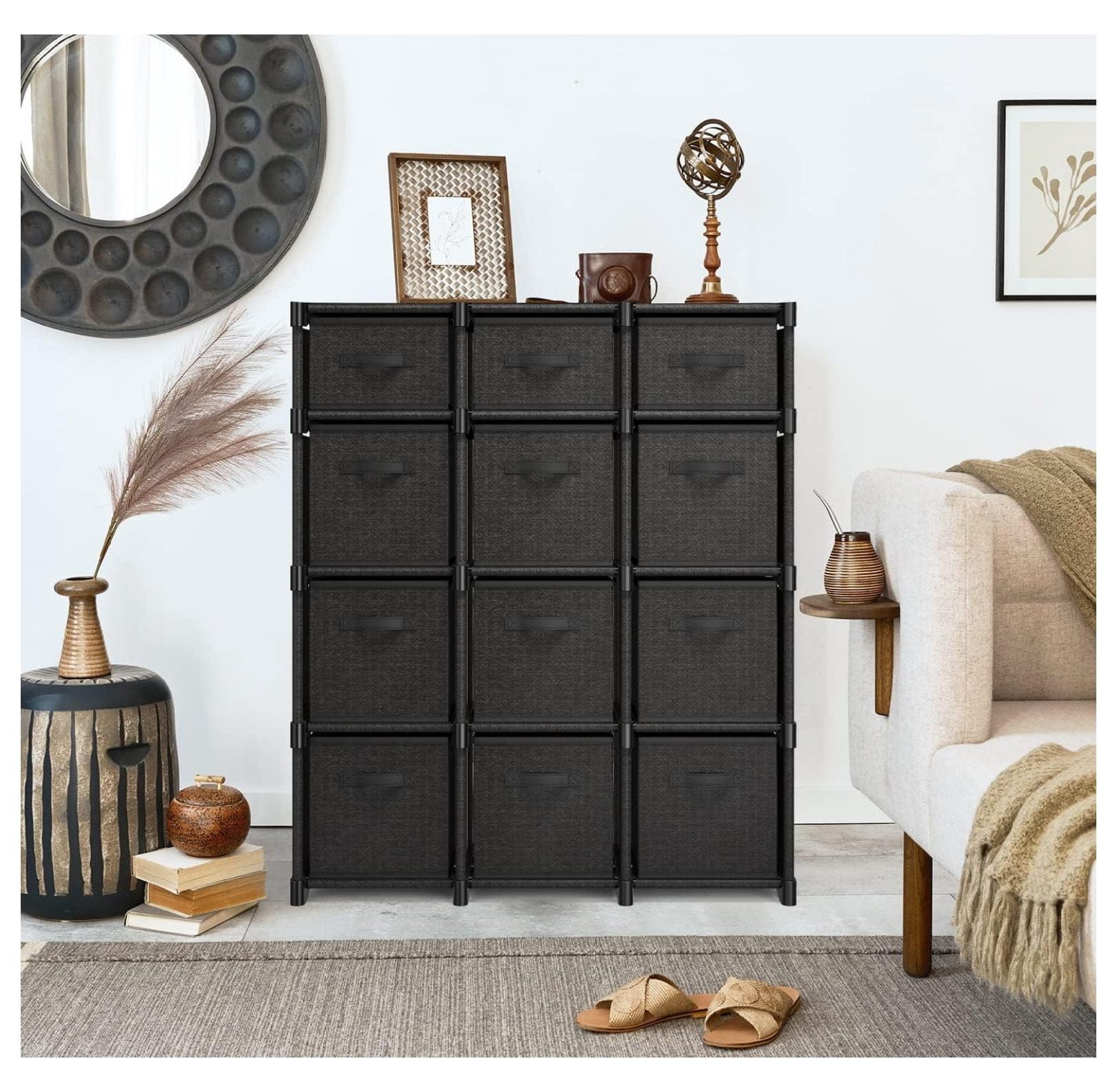 12 Cube Storage Organizer - Black Cube Organizer Shelf, DIY Storage Cubes Organizer Shelves with Fabric Storage Cubes, Sturdy Cubbies Storage Shelves, Cube Storage Shelf for Bedroom, Playroom and More