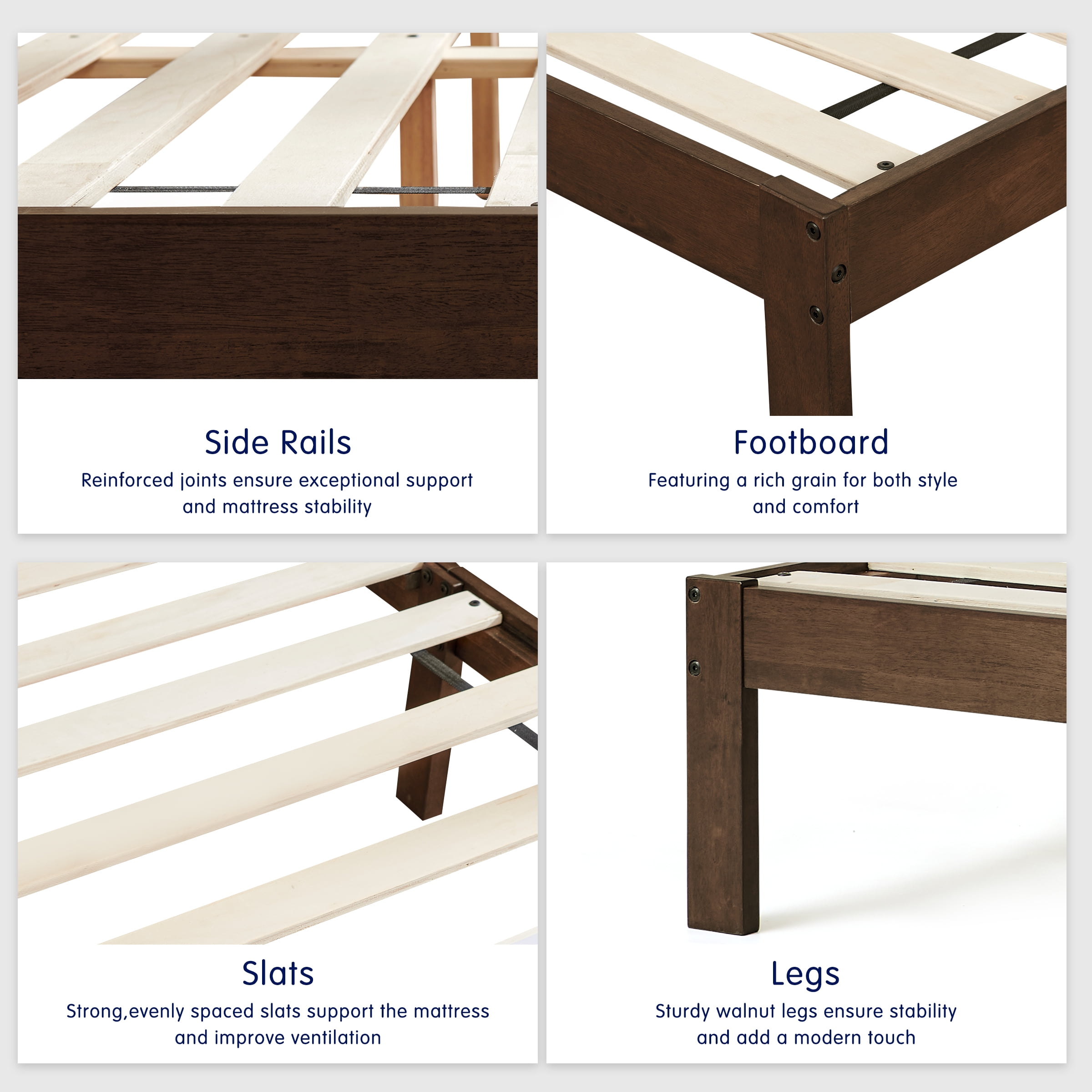 Twin Size Bed Frame, Solid Wood Platform with Wood Slat Support,No Box Spring Needed, Dark Walnut