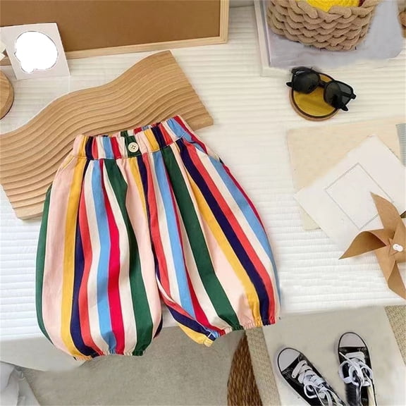 Girls' Rainbow Striped Mosquito-Repellent Pants - Elastic Waist Cotton-Blend Trousers for Toddlers & Little Kids - Girls' Lightweight Summer Capris (Ages 6M-6Y)