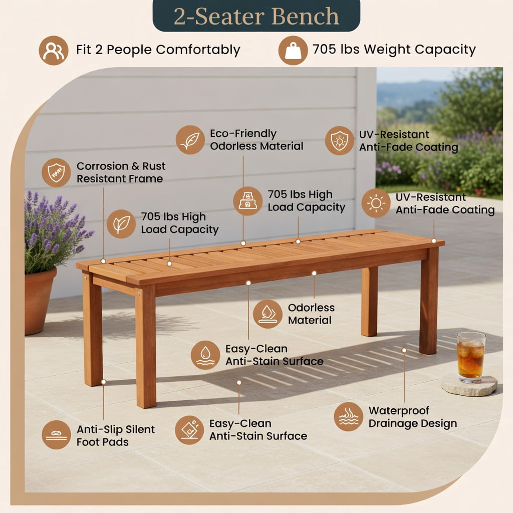Hommoo 47" Teak Wood Patio Bench for 2 People, Solid Wood Outdoor Garden Bench with Slatted Seat, Weather-Resistant Finish, Easy Assembly, Natural